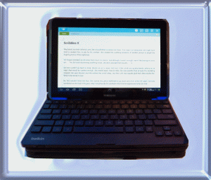 My tablet, set up on the Bluetooth keyboard...and Scribbles II on the screen.